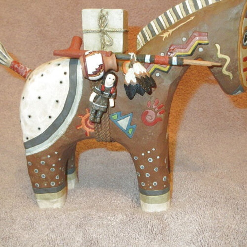 Robert Shields Storyteller Horse Sculpture 9" Peace Pipe Drum Feathers Kachina